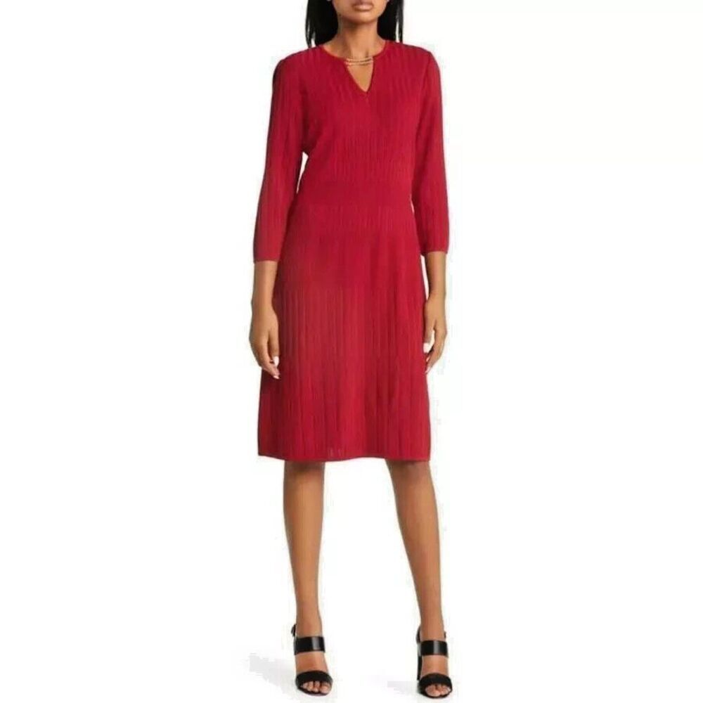 MING WANG Women's Knit Gold Chain Neck Ribbed knee length Dress Red Burgundy XL
